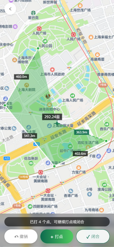 地块圈画：地图打点测边长与面积