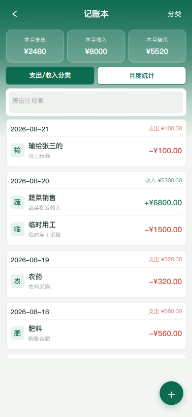 记账本：收支分类与月度结余